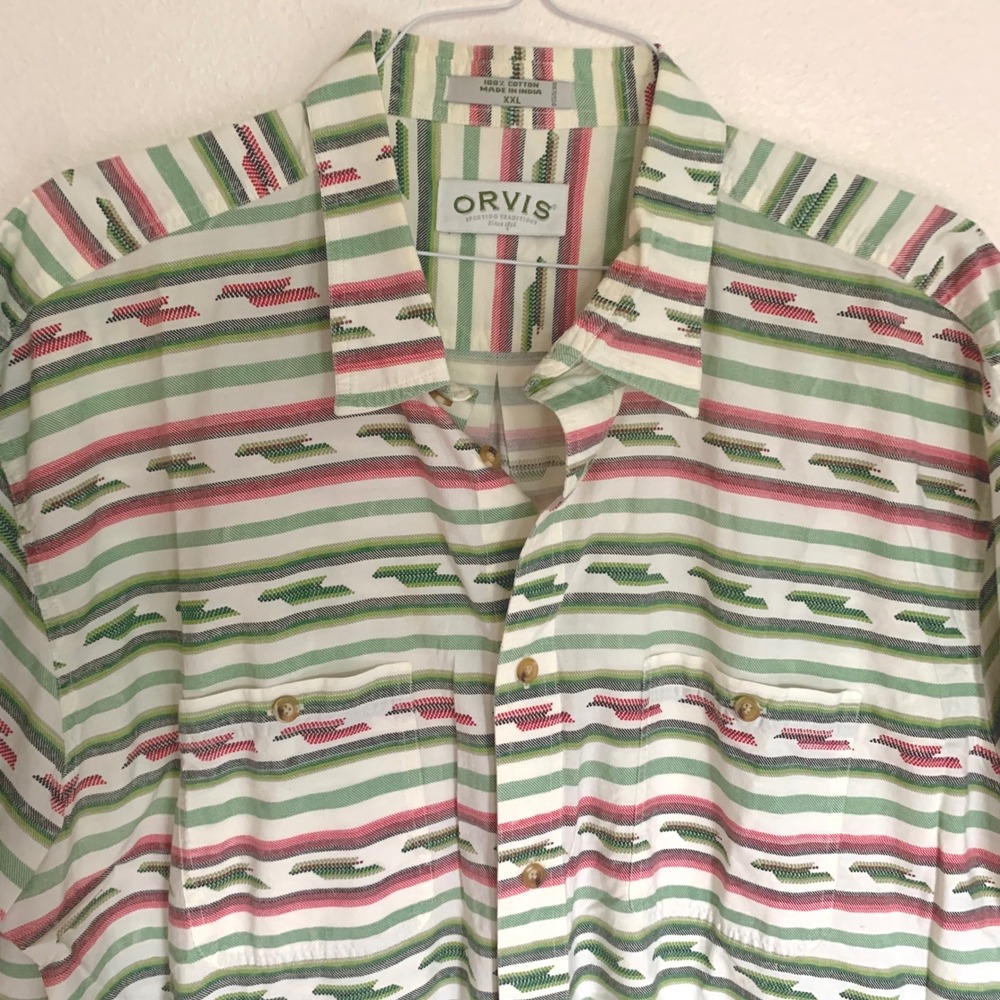 Orvis XXL‎ Shirt Green Red Striped Southwestern Cotton Short Sleeve Button Up - Picture 2 of 5